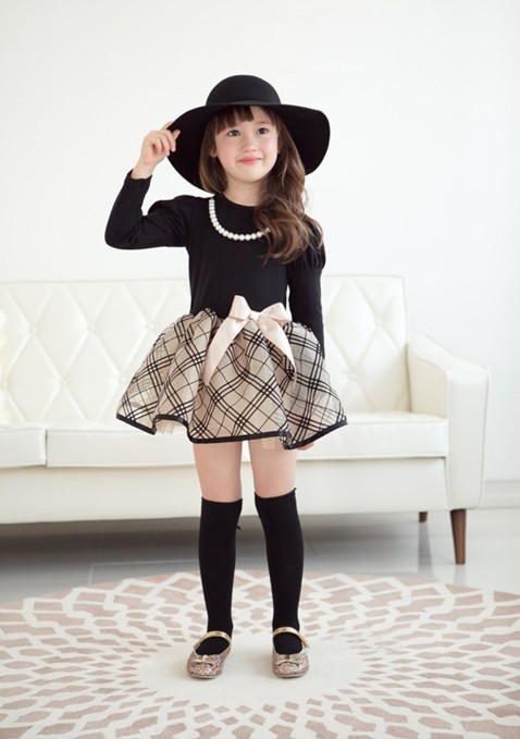 F68098-1 autumn sweet princess skirt girl bow long sleev dress